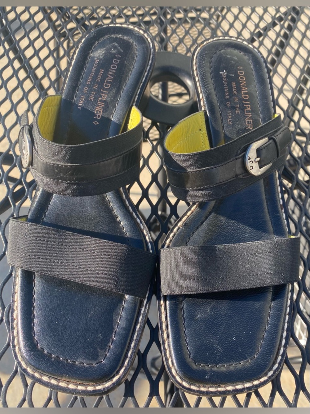 Donald J. Pliner Black Fabric/Leather Sandal. Yellow Lined Strap, Size 9M Womens
